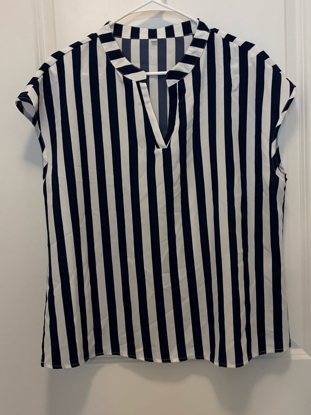 Vertical Stripe Split-Neck Blouse in Navy and White